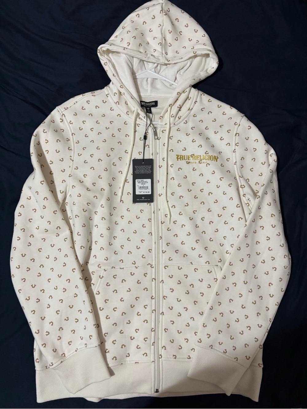 True Religion Cream Zip Front Hoodie with Gold Logo